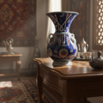 Handmade Ceramic Kandil Vase (50cm) Cobalt Blue Calligraphy Triple Handled Form - Image 3