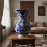 Handmade Ceramic Kandil Vase (50cm) Cobalt Blue Calligraphy Triple Handled Form - Image 8