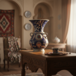 Handmade Ceramic Kandil Vase (50cm) Cobalt Blue Calligraphy Triple Handled Form - Image 4