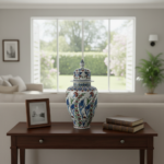 Handmade Ceramic "Shah" Vase (30cm) Traditional Blue & Turquoise Leaf Pattern - Regal Teardrop Art Decor - Image 2