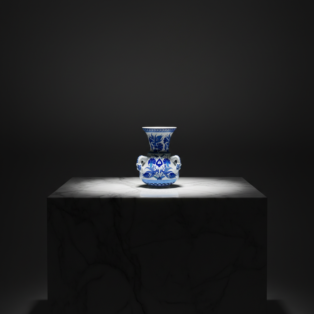 blue-and-white-miniature-kandil-vase-sculptural Handmade Ceramic Kandil Vase (20cm) Blue and White Floral Triple Handled Form - Image 1