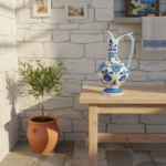 Handmade Ceramic Pitcher (20cm) - Blue and White Pattern - Lion's Mouth Vase - Image 2