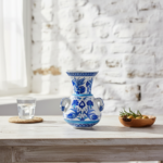 Handmade Ceramic Kandil Vase (20cm) Blue and White Floral Triple Handled Form - Image 6