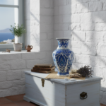 Handmade Ceramic Faceted Vase (30cm) Hexagonal Blue and White Cypress & Tulip Pattern - Image 2