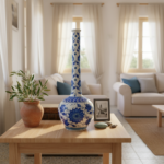 Handmade Ceramic Long Neck Bottle Vase (25cm) - Classic Blue & White Floral Design - Elegant Coastal Decor - Image 2