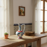 Handmade Ceramic Pitcher (20cm) - Red Petal Collar & Blue Tulips - Compact Lion's Mouth Vase - Image 5