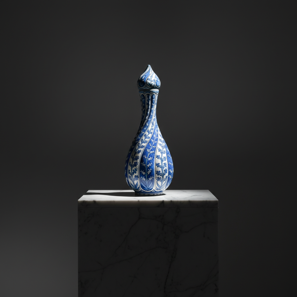 blue-white-ceramic-swirling-decanter-luxury-marble Handmade Ceramic "Cesm-i Bulbul" Decanter (~35cm) Swirling Fluted Ewer - Blue & White Spiral Design - Image 1