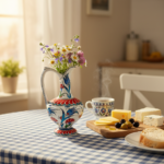 Handmade Ceramic Pitcher (20cm) - Red Petal Collar & Blue Tulips - Compact Lion's Mouth Vase - Image 2