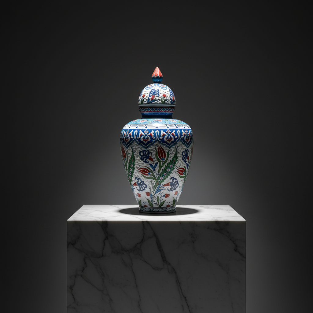 carved-relief-texture-30cm-vizier-jar-dark-museum-shot Handmade Ceramic Vizier Jar (30cm) Carved Relief Texture and Ottoman Red Tulips - Image 1