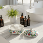 Handmade Ceramic Lidded Bowl (16cm) Blue and Red Spring Flowers Flat Top Finial - Image 5