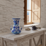 Handmade Ceramic Kandil Vase (20cm) Blue and White Floral Triple Handled Form - Image 4