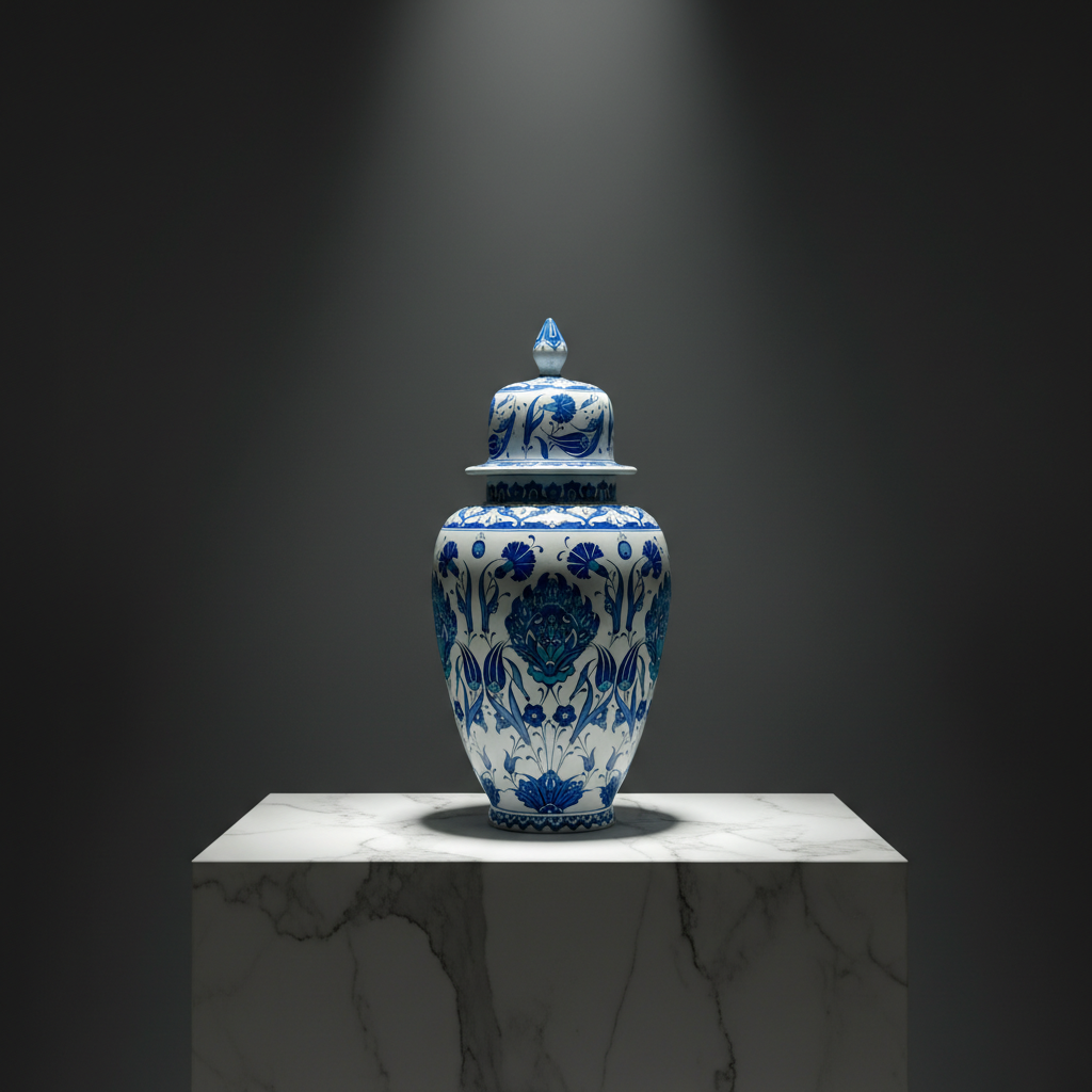 classic-blue-white-hatayi-30cm-jar-dark-museum-shot Handmade Ceramic Shah Jar (30cm) Classic Blue and Turquoise Hatayi Lotus Pattern Vase - Image 1