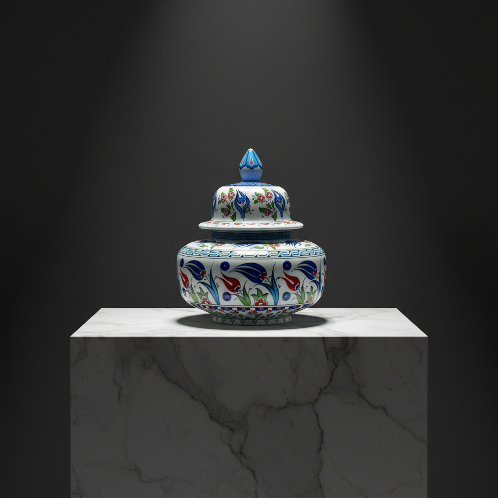 classic-iznik-jar-red-tulip-meander-border-dark-museum Handmade Ceramic Classic Iznik Jar with Lid Red Tulip and Meander Border - Image 1