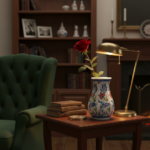 Handmade Ceramic Pear Vase (20cm) - Red Carnations & Intertwining Blue Leaves - Classic White Ground - Image 2