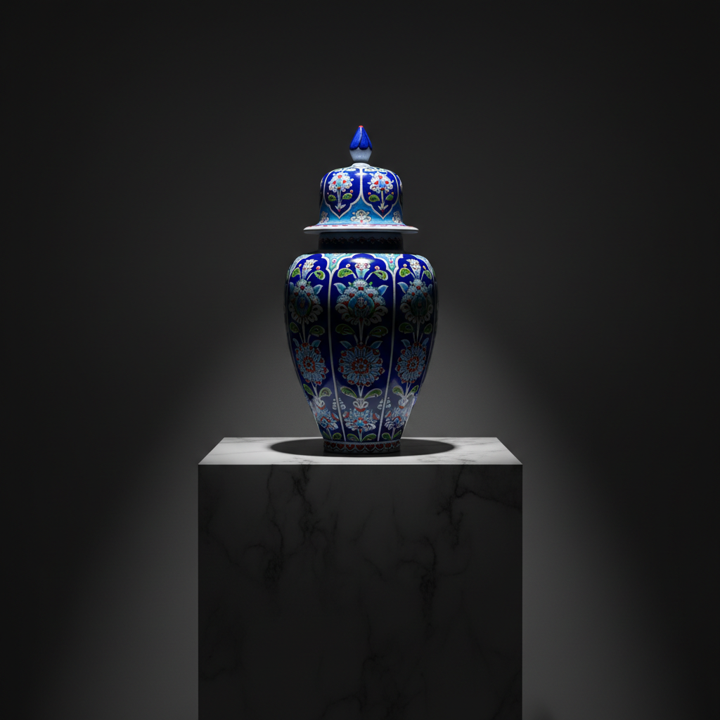 cobalt-blue-30cm-shah-jar-dark-museum-shot Handmade Ceramic Shah Vase (30cm) Royal Cobalt Blue Background Floral Temple Jar - Image 1