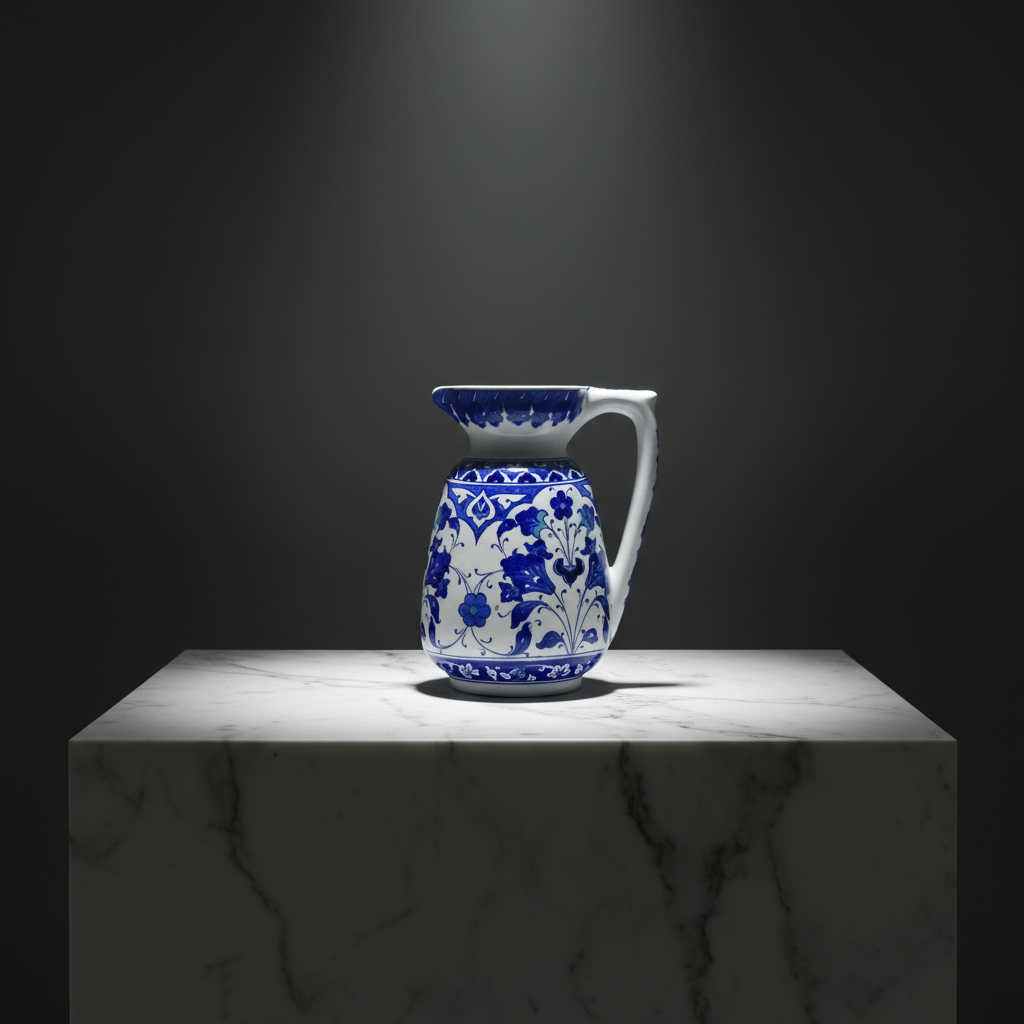 cobalt-blue-white-ceramic-pitcher-dark-museum Handmade Ceramic Pitcher Vase (20cm) Royal Cobalt Blue and White Palace Garden - Image 1