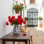 Handmade Ceramic Pear Vase (20cm) - Red Carnations & Intertwining Blue Leaves - Classic White Ground - Image 5