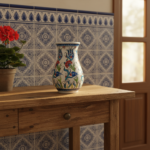 Handmade Ceramic Pear Vase (20cm) - Red Carnations & Intertwining Blue Leaves - Classic White Ground - Image 3