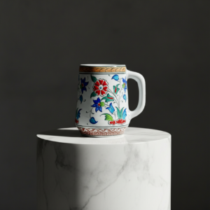 Handmade Ceramic Floral Tankard - Hand-Painted Red & Blue Tulips - Decorative Cup & Desk Organizer