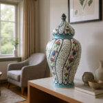 Handmade Ceramic Large Lidded Jar (50cm) Swirling Golden Horn & Floral Pattern - Grand Temple Jar Centerpiece - Image 3
