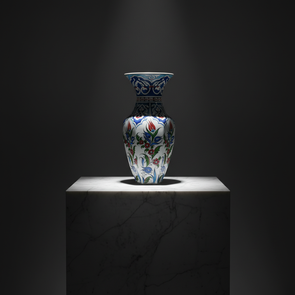 faceted-handmade-ceramic-iznik-vase-arabesque-tulip-sculptural-photo Handmade Ceramic Vase (25cm) Traditional Turkish Floral Art - Faceted Hexagonal Body with Cobalt Blue Rumi Motifs - Image 1