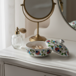 Handmade Ceramic Lidded Bowl (16cm) Blue and Red Spring Flowers Flat Top Finial - Image 2