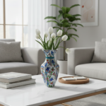 Handmade Ceramic Hexagonal Vase (25cm) - Ottoman "Saz" Style Leaves - Faceted Body & Turquoise Accents - Image 2