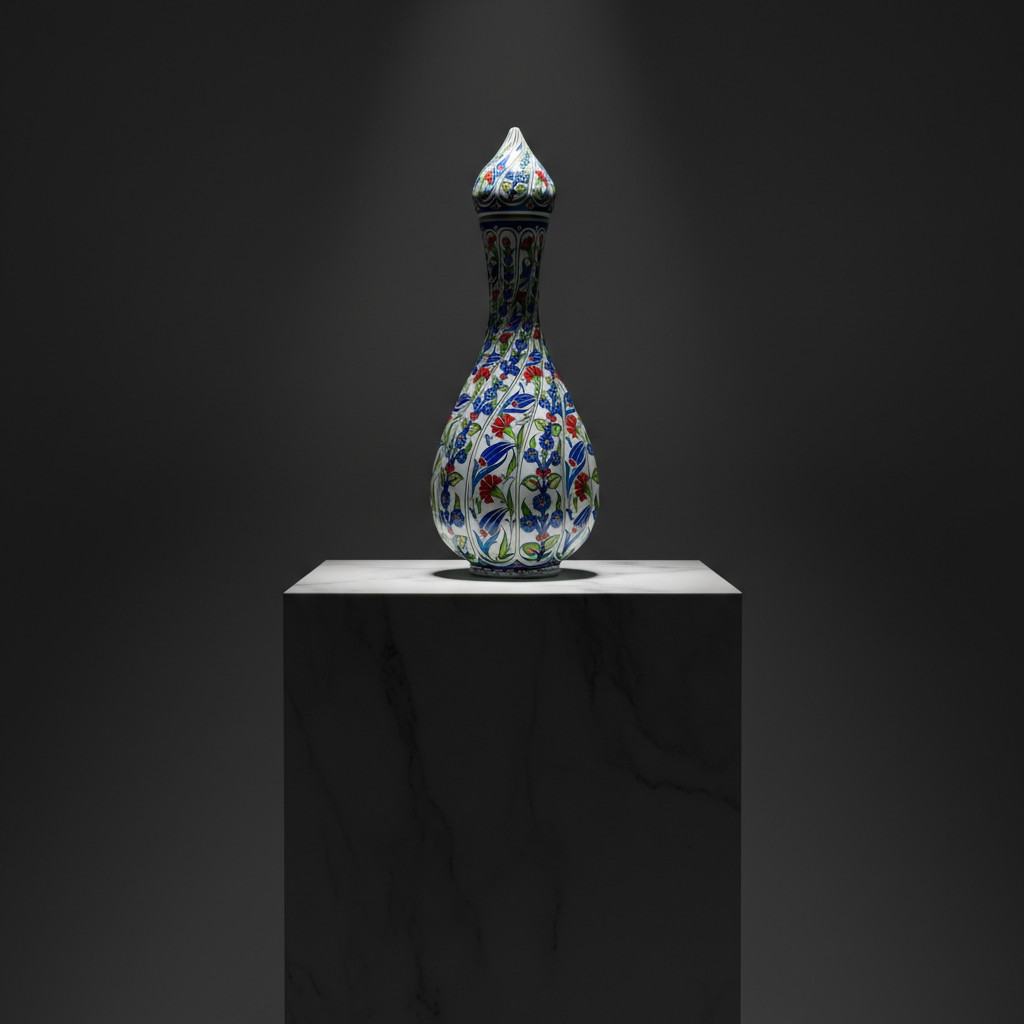 fluted-nightingale-bottle-ceramic-sculptural-elegance Handmade Ceramic Fluted Nightingale Vase with Lid (30cm) Polychrome Floral Pattern - Image 1