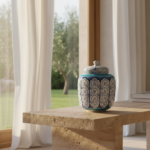 Handmade Ceramic Lidded Jar (30cm) Blue Vines & Turquoise Geometric Band - Large Decorative Canister - Image 2