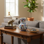 Handmade Ceramic Pitcher Vase (20cm) Classic Red Carnation and Blue Tulip - Image 5