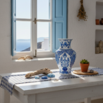 Handmade Ceramic Faceted Vase (30cm) Hexagonal Blue and White Cypress & Tulip Pattern - Image 3