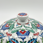 Handmade Ceramic Lidded Bowl (16cm) Blue and Red Spring Flowers Flat Top Finial - Image 4