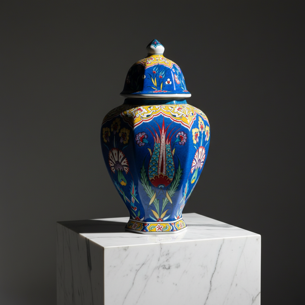 handmade-ceramic-blue-vase-art-design Handmade Ceramic Hexagonal Lidded Jar (30cm) Royal Blue & Yellow Palace Design - 6-Sided "Temple Jar" Vase - Image 1