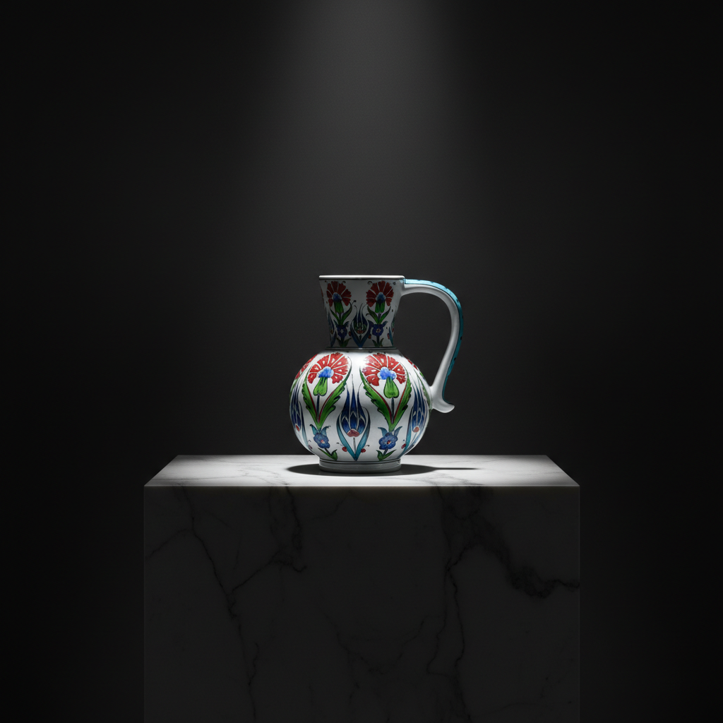 handmade-ceramic-iznik-jug-red-carnation-blue-tulip-sculptural-studio-photo-marble-plinth Handmade Ceramic Pitcher Vase (20cm) Traditional Turkish Carnation Pattern with Handle - Decorative Jug Art Decor - Image 1