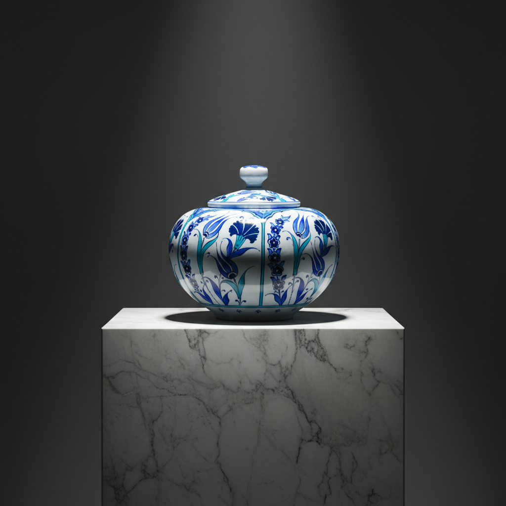 handmade-ceramic-iznik-lidded-bowl-blue-turquoise-tulip Handmade Ceramic Lidded Trinket Jar (14cm) Traditional Blue & White Tulip Pattern - Decorative Jewelry & Storage Box - Image 1