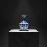 Handmade Ceramic Vase (30cm) Large Blue & White Floral Art with Geometric Neck Design - Tall Statement Decor