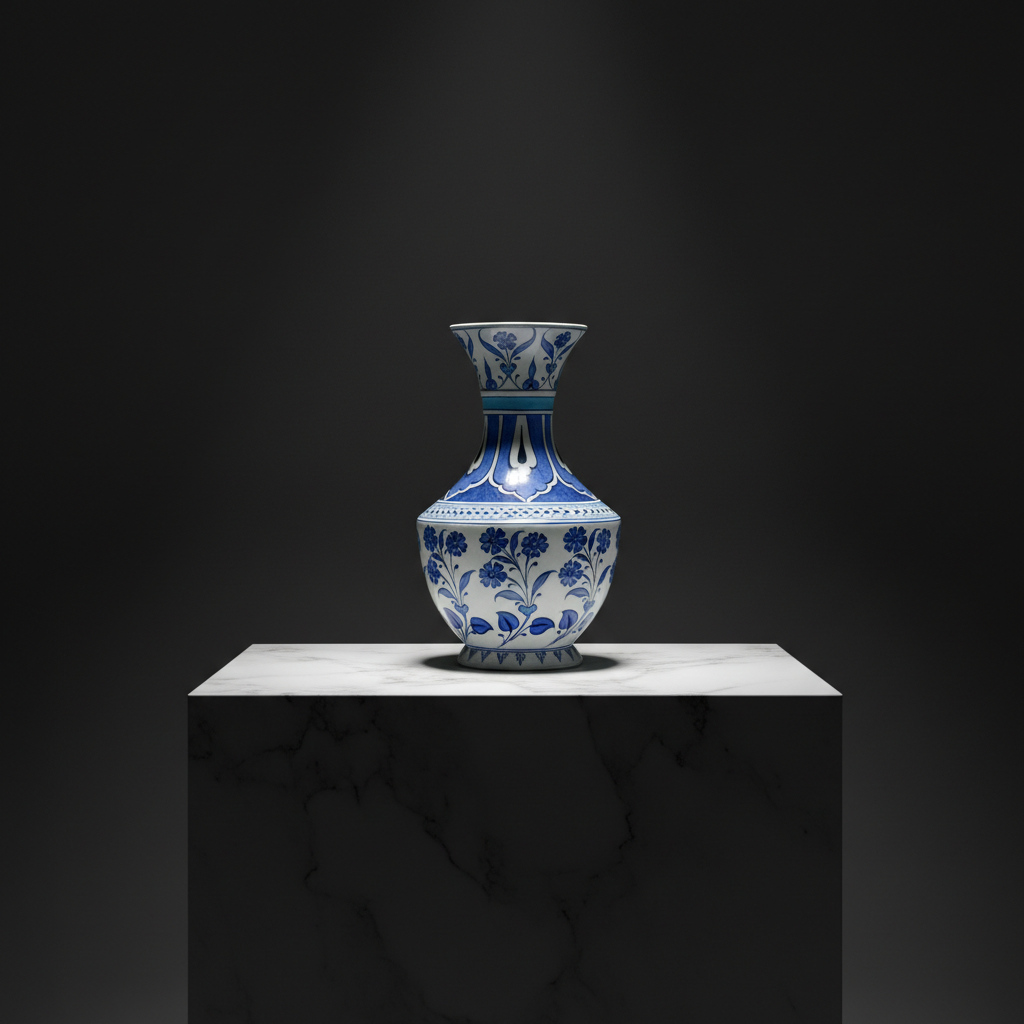 handmade-ceramic-iznik-vase-blue-and-white-floral-sculptural-photo Handmade Ceramic Vase (30cm) Large Blue & White Floral Art with Geometric Neck Design - Tall Statement Decor - Image 1