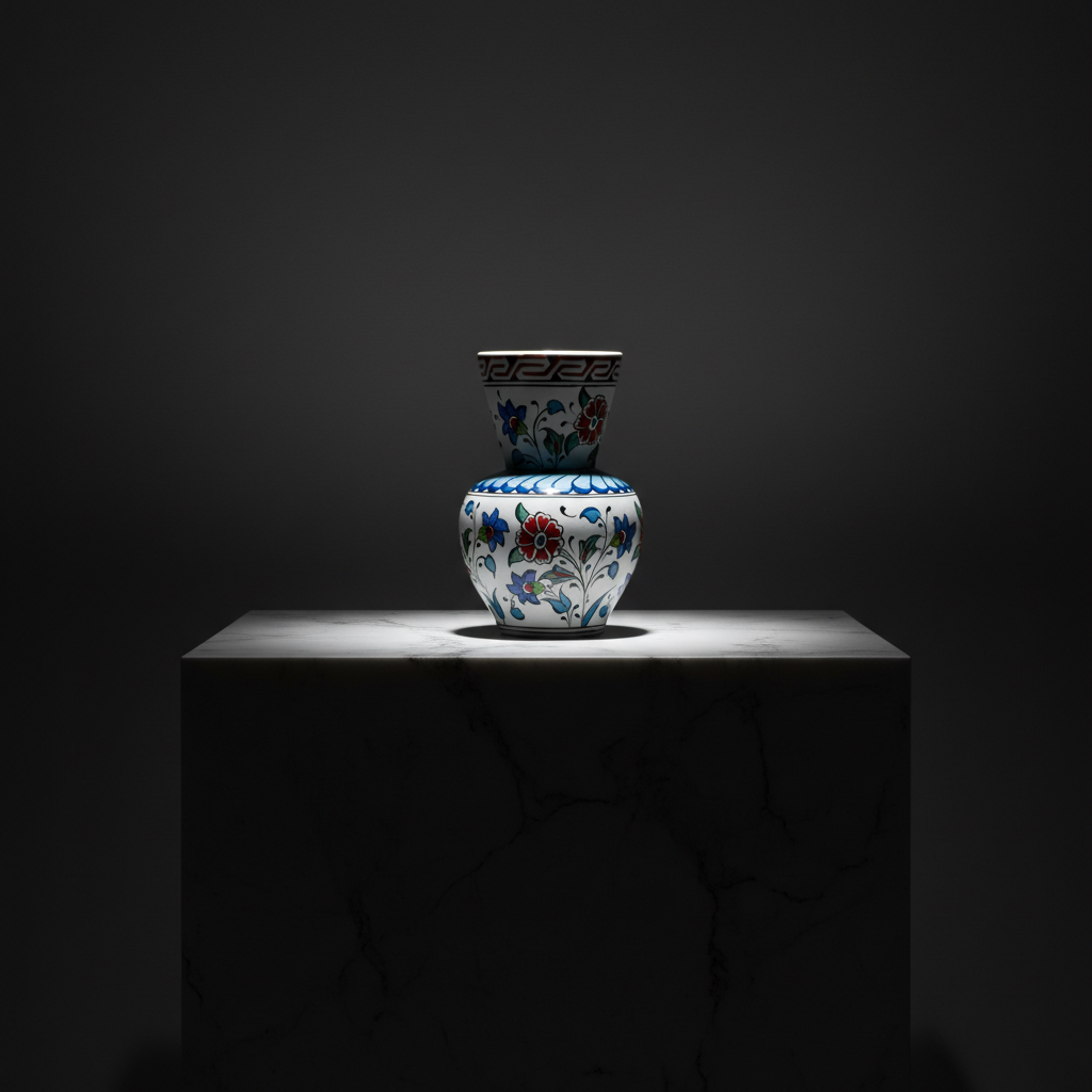 handmade-ceramic-iznik-vase-floral-pattern-meander-border-sculptural-studio-photo Handmade Ceramic Bud Vase (15cm) Classic Blue & White Iznik Floral Pattern with Yellow Accents - Artisan Table Decor - Image 1