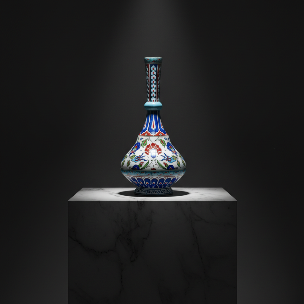 handmade-ceramic-iznik-vase-long-neck-red-carnation-sculptural Handmade Ceramic Tall Vase (45cm) Elegant "Ringed Neck" Design with Red Tulip & Blue Floral Pattern - Grand Console Decor - Image 1