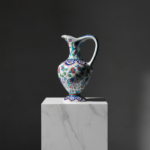 Handmade Ceramic Pitcher Vase (30cm) Traditional "Ewer" Form with Handle - Colorful Floral Pattern & Geometric Neck Border