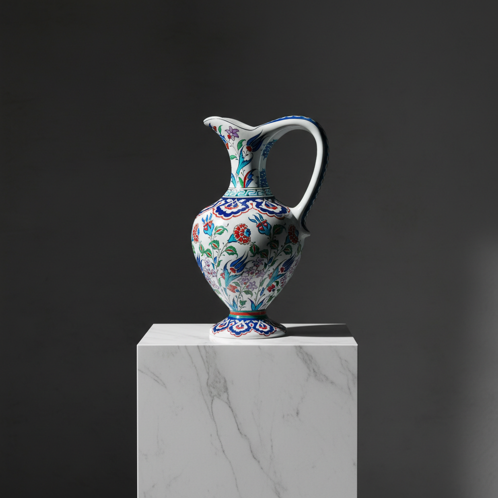 handmade-ceramic-pitcher-30-cm Handmade Ceramic Pitcher Vase (30cm) Traditional "Ewer" Form with Handle - Colorful Floral Pattern & Geometric Neck Border - Image 1