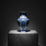 Handmade Ceramic Faceted Vase (30cm) Hexagonal Blue and White Cypress & Tulip Pattern