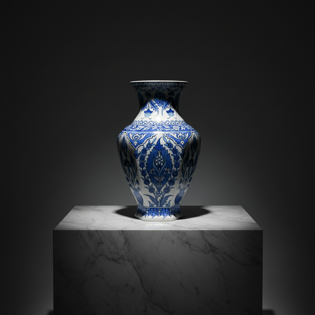 hexagonal-faceted-blue-white-vase-dark-museum-shot Handmade Ceramic Faceted Vase (30cm) Hexagonal Blue and White Cypress & Tulip Pattern - Image 1