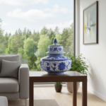 Handmade Ceramic Oversized Squat Lidded Vase - Wide "Potiche" Form with Blue & White Baba Nakkas Floral Design - Image 3