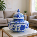 Handmade Ceramic Oversized Squat Lidded Vase - Wide "Potiche" Form with Blue & White Baba Nakkas Floral Design - Image 4