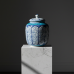 Handmade Ceramic Lidded Jar (30cm) Blue Vines & Turquoise Geometric Band - Large Decorative Canister