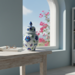 Handmade Ceramic Lidded Jar (20cm) Blue and Turquoise Floral Ginger Vase Kupecik - Image 5