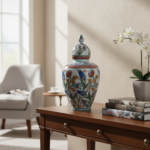 Handmade Ceramic Lidded Jar (30cm) - The Vizier Vase - Purple & Yellow Florals with Braided Red Trim - Image 5