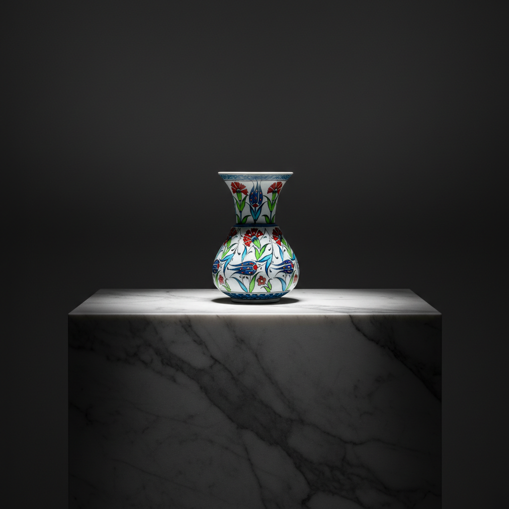 luxury-15cm-kandil-vase-yellow-accents-dark-marble Handmade Ceramic "Kandil" Vase (15cm) - Red Carnations, Blue Tulips & Yellow Accents - Image 1