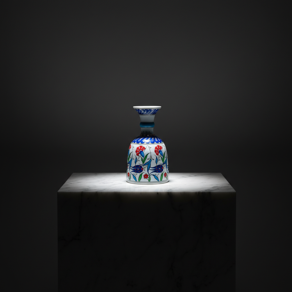 luxury-20cm-bell-shape-vase-dark-marble Handmade Ceramic "Bell" Vase (20cm) - Red Carnations & Turquoise Neck - Classical Iznik Vase - Image 1